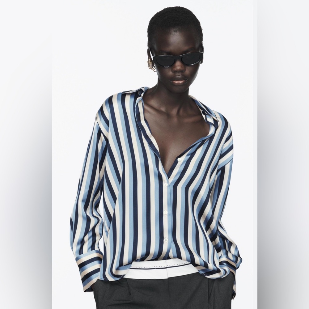Zara Blue and White Oversized Striped Blouse